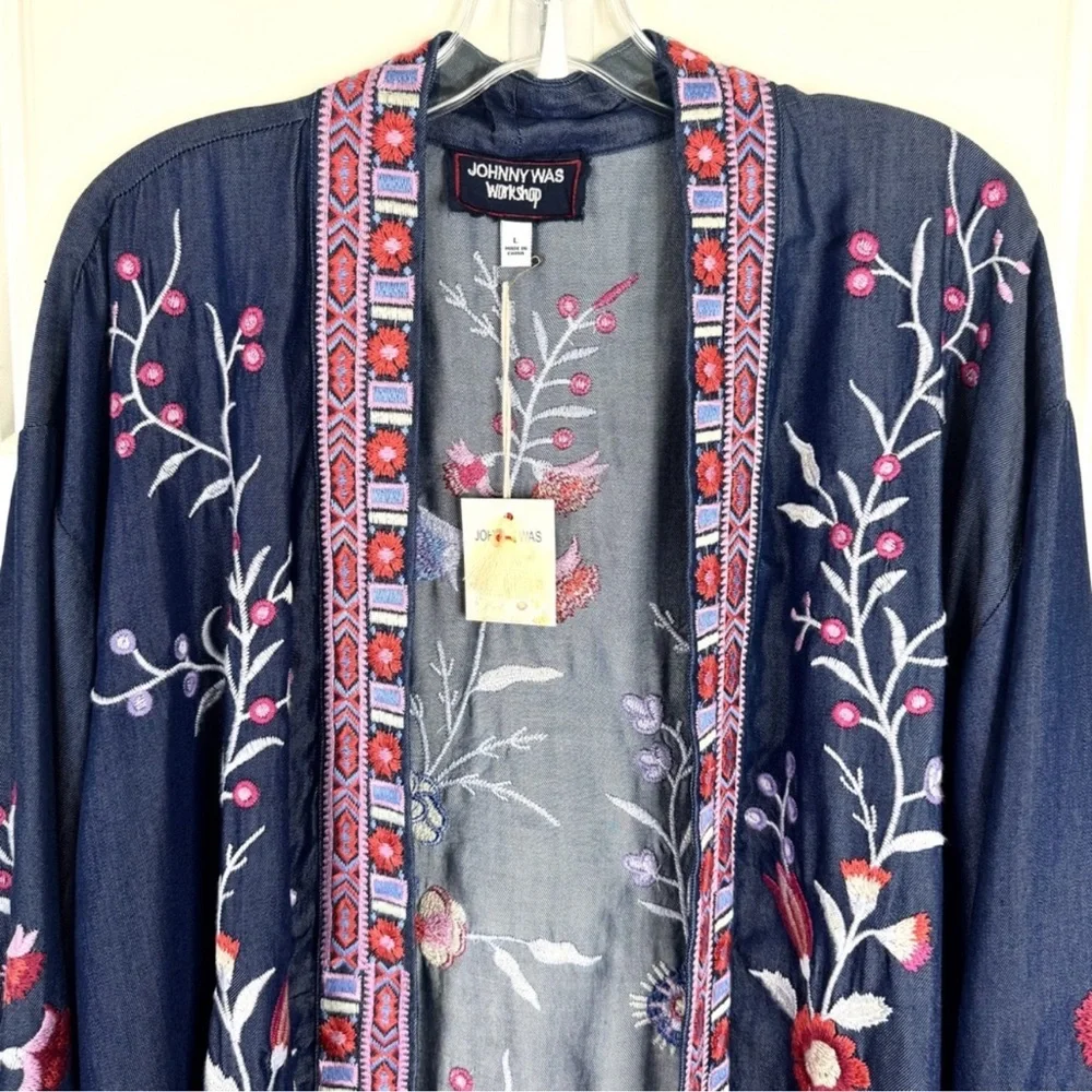 JOHNNY WAS Piper NEW Shirt Tail Kimono Denim Blue Embroidered Floral Size L NEW - Picture 4 of 11